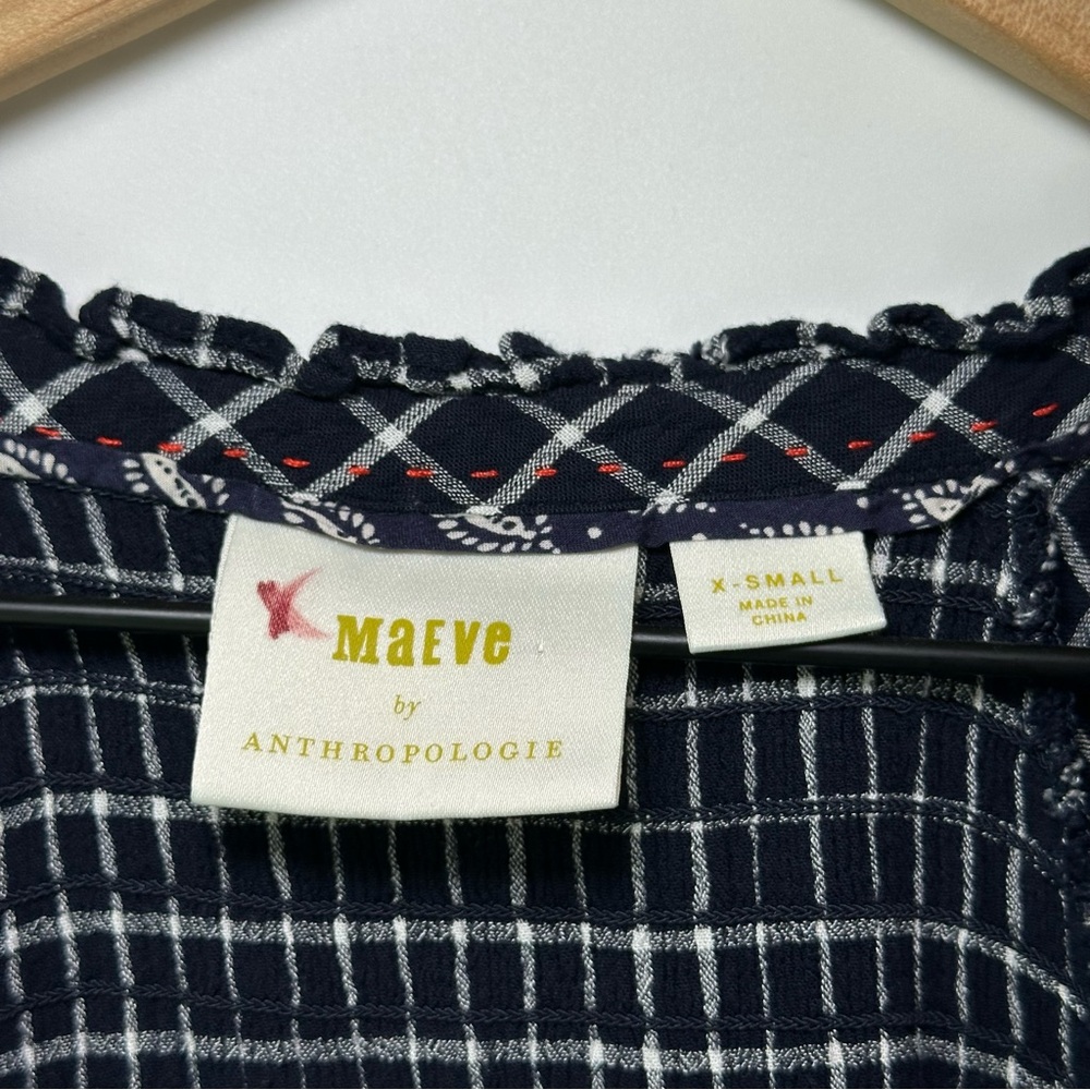 Anthropologie Maeve Sara‎ Smocked Shirt Dress Navy Blue Plaid Button Down XS - Picture 7 of 13